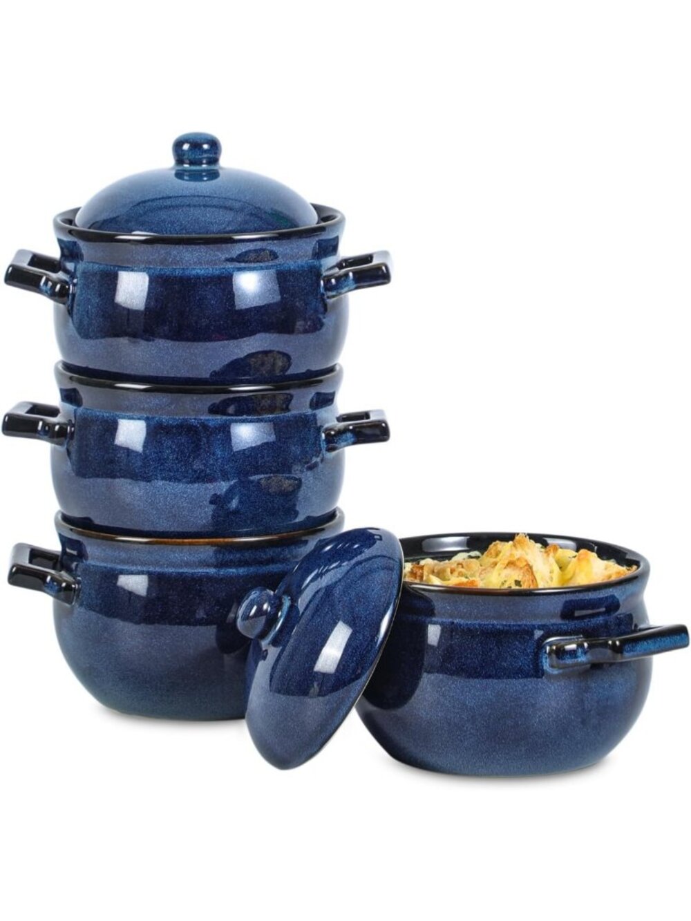 Set of 4 Blue French Onion Soup Bowls with Lids & Handles, 18oz, Chip Resistant